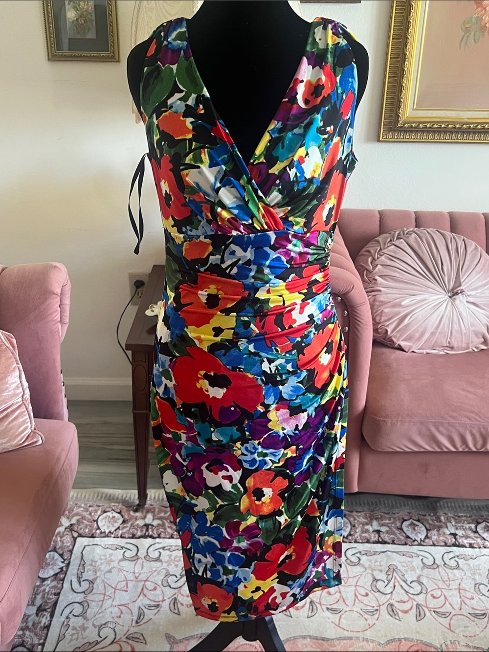 Colorful Floral V-Neck Ruched Sheath Dress